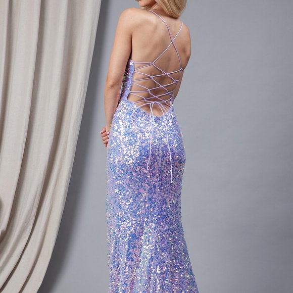 NEW OFF SHOULDER SLEEVELESS EMBOIDERED SEQUIN DRESS WITH LACE UP BACK AC 5046 - Picture 6 of 8